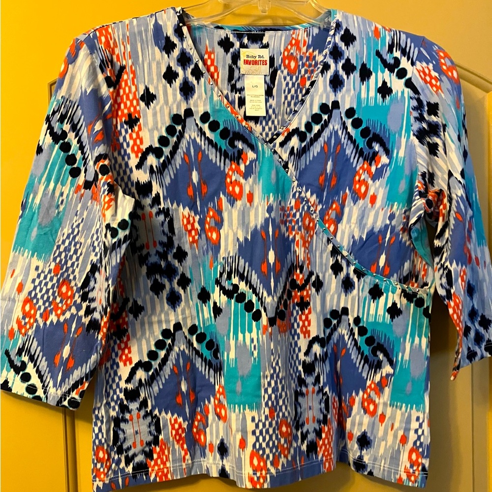 Ruby Rd. Mock Wrap 3/4 Sleeve Knit Top L/G Abstract Print w/ Shiny Silver Rivets